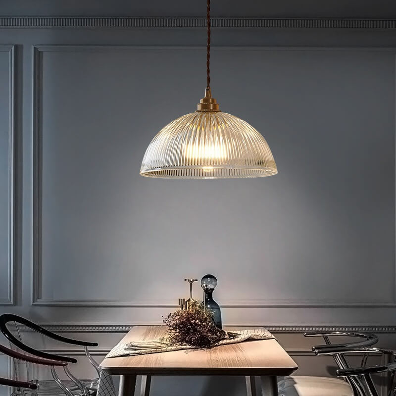 Contemporary Ribbed Clear Glass Dome Pendant Light | 1-Light