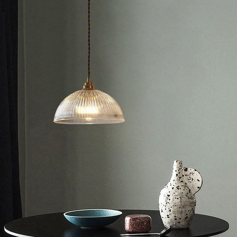 Contemporary Ribbed Clear Glass Dome Pendant Light | 1-Light