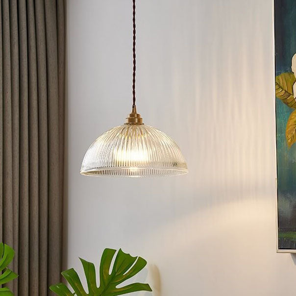 Contemporary Ribbed Clear Glass Dome Pendant Light | 1-Light