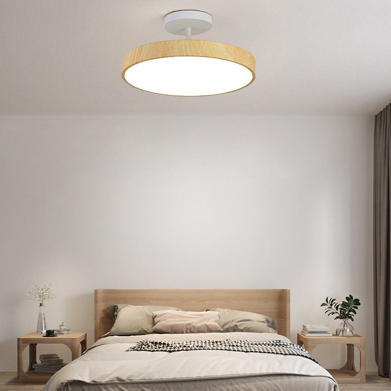 Japandi-Style Wood Round LED Semi-Flush Mount Ceiling Light