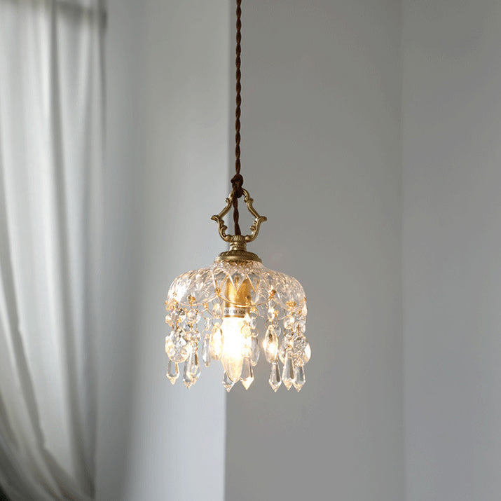 Vintage Copper Crystal Floral Pendant Light | 1-Light