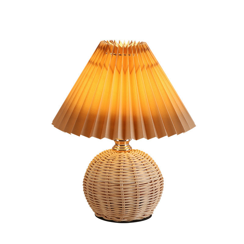 Scandinavian Rattan Pleated Fabric Conic LED Table Lamp 1-Light