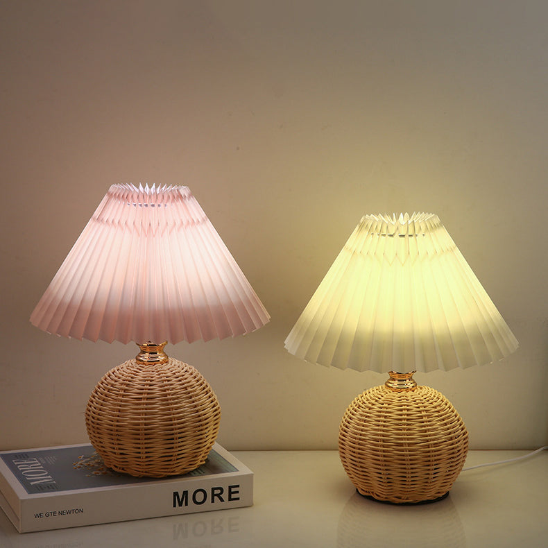 Scandinavian Rattan Pleated Fabric Conic LED Table Lamp 1-Light