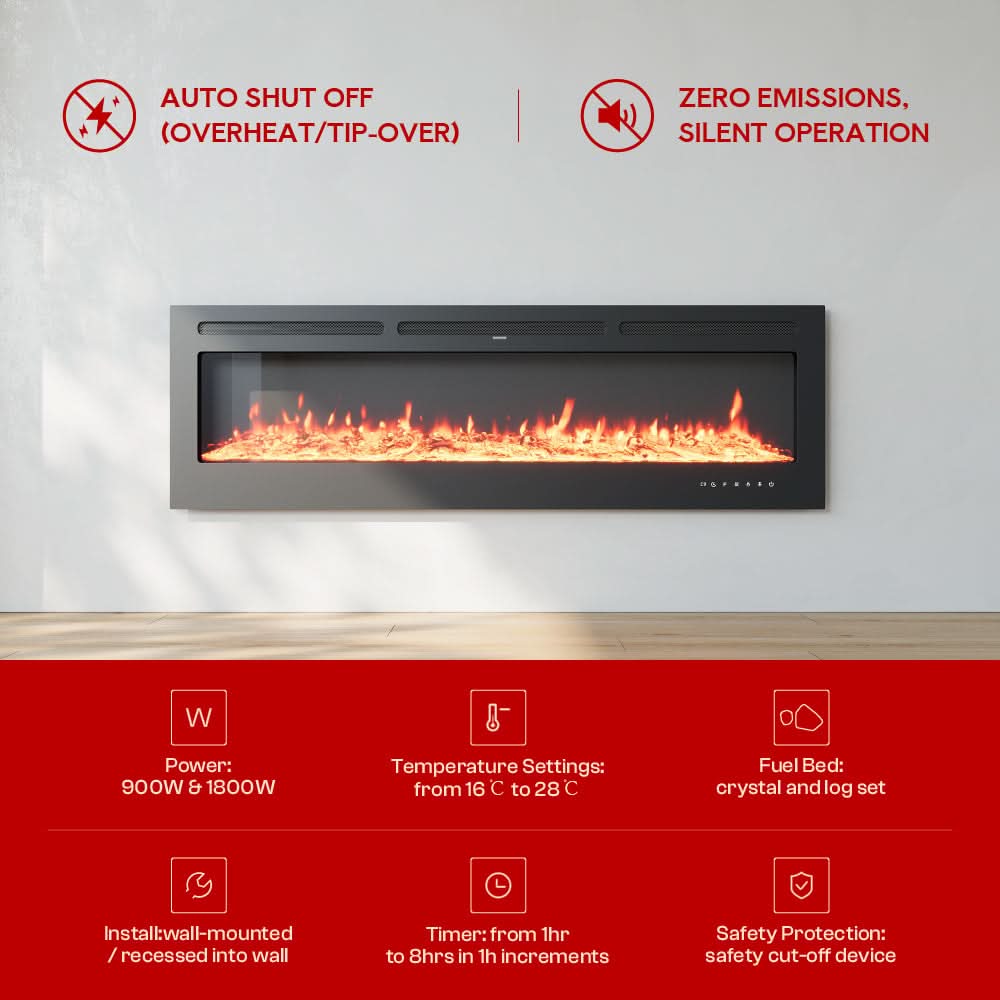 Recessed Media Wall Electric Fireplace 40/50/60/70/80 Inch – 12 Flame Colours & Remote Control 5120 BTU/h