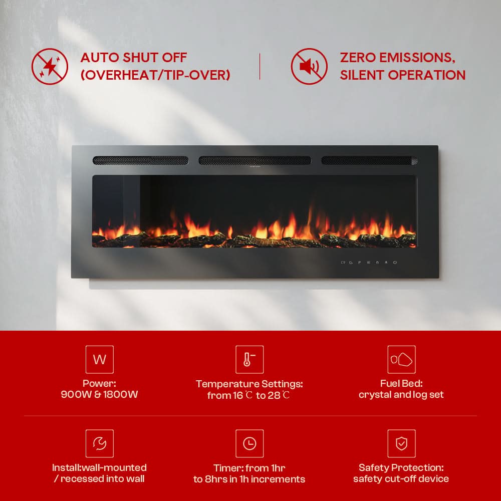Recessed Media Wall Electric Fireplace 40/50/60/70/80 Inch – 12 Flame Colours & Remote Control 5120 BTU/h