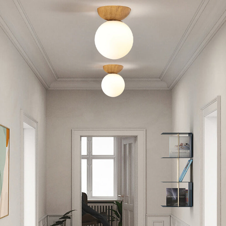 Scandinavian Wood Glass Globe 1-Light Ceiling Light