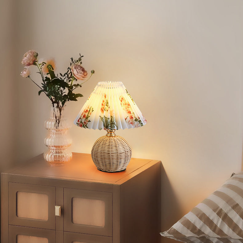 Scandinavian Rattan Pleated Fabric Conic LED Table Lamp 1-Light