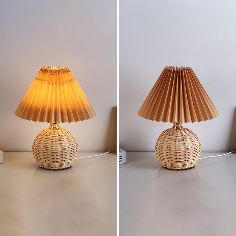 Scandinavian Rattan Pleated Fabric Conic LED Table Lamp 1-Light