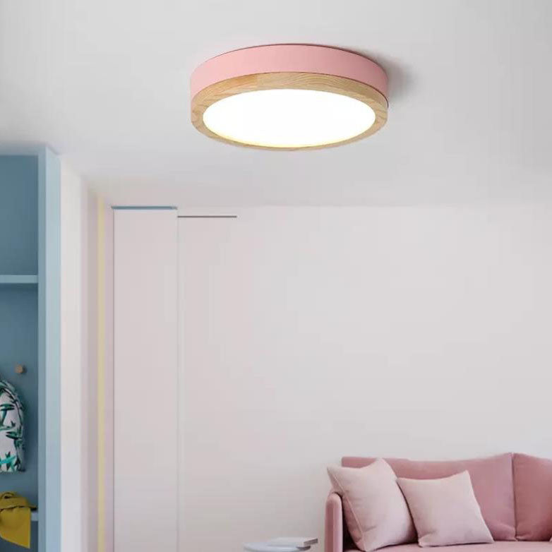 Scandinavian Wood Round LED Flush Ceiling Light | 1-Light