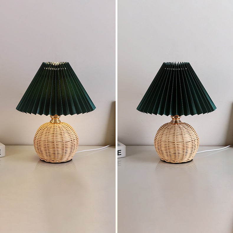 Scandinavian Rattan Pleated Fabric Conic LED Table Lamp 1-Light