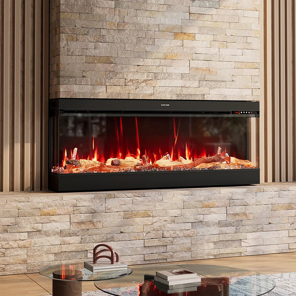 3-Sided Smart Electric Fireplace 50/60/70 Inch – WiFi App, Remote Control, Crackling Sound & 12 Flame Colours