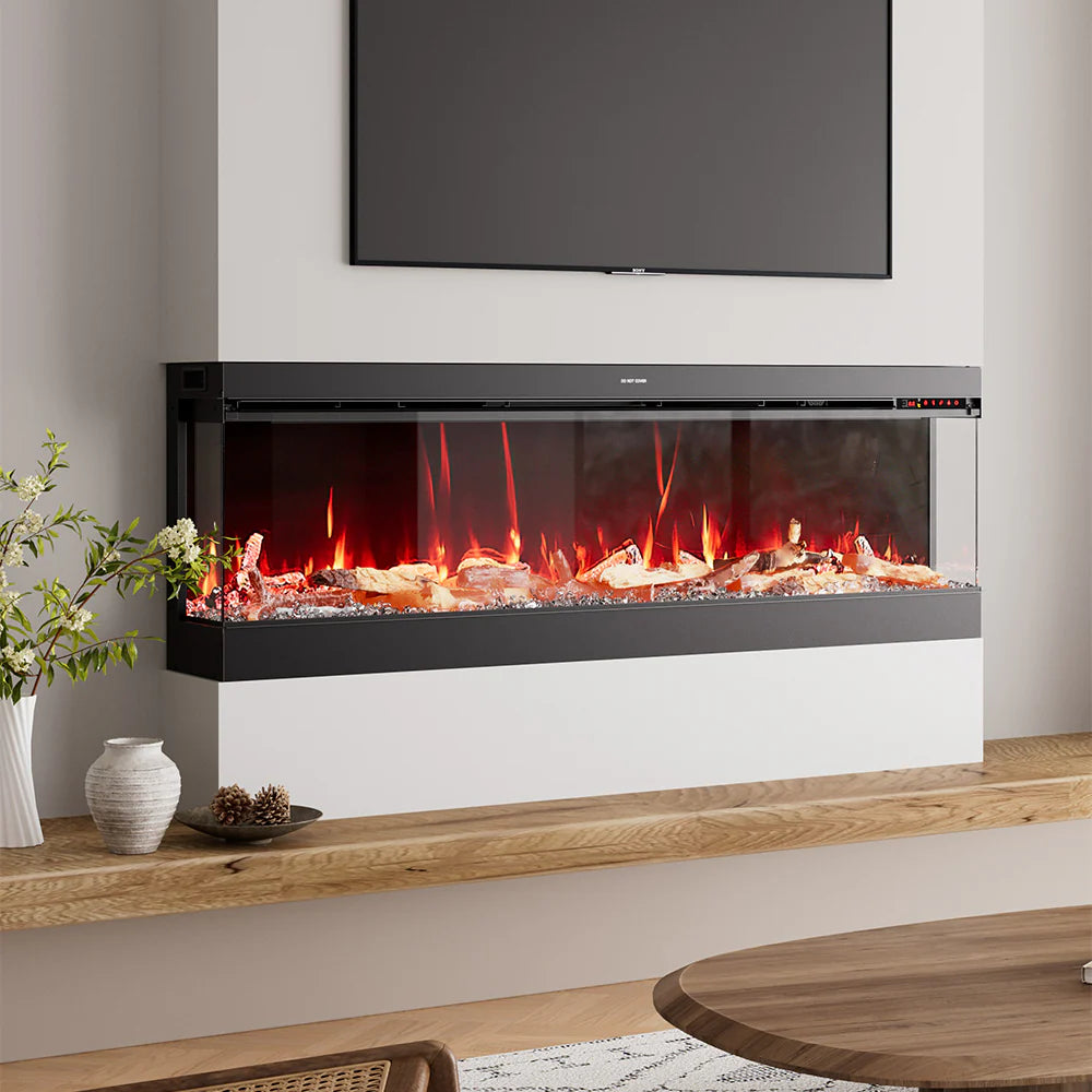 3-Sided Smart Electric Fireplace 50/60/70 Inch – WiFi App, Remote Control, Crackling Sound & 12 Flame Colours