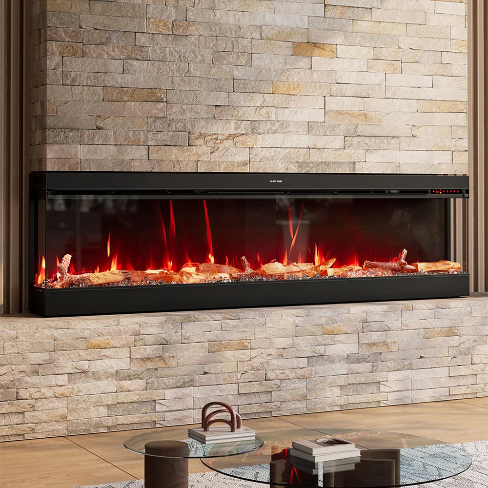 3-Sided Smart Electric Fireplace 50/60/70 Inch – WiFi App, Remote Control, Crackling Sound & 12 Flame Colours