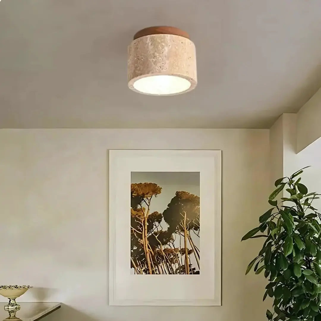 Elegant Travertine Ceiling Light Fixture with Wooden Accent – Japanese...
