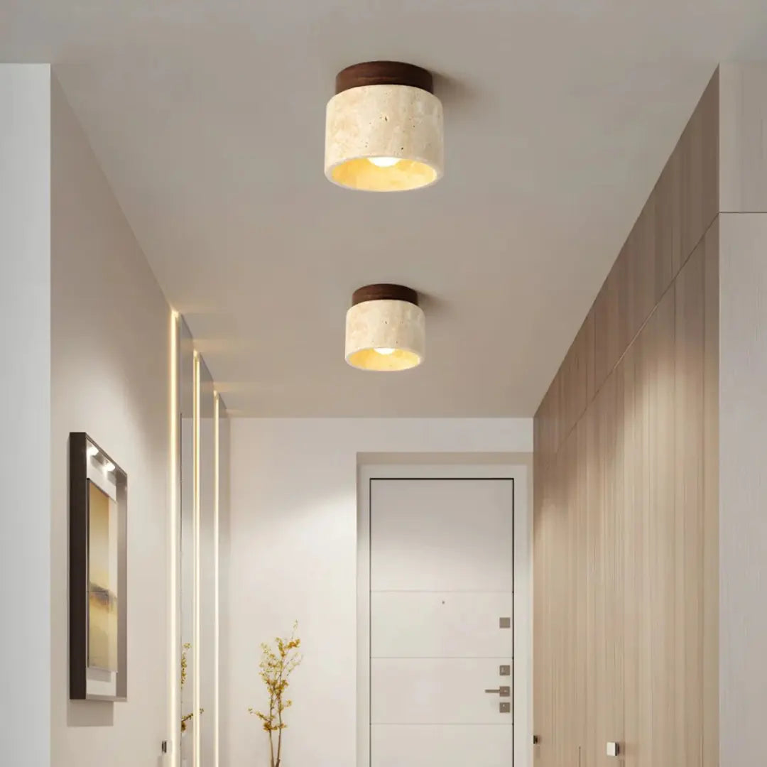 Elegant Travertine Ceiling Light Fixture with Wooden Accent – Japanese...