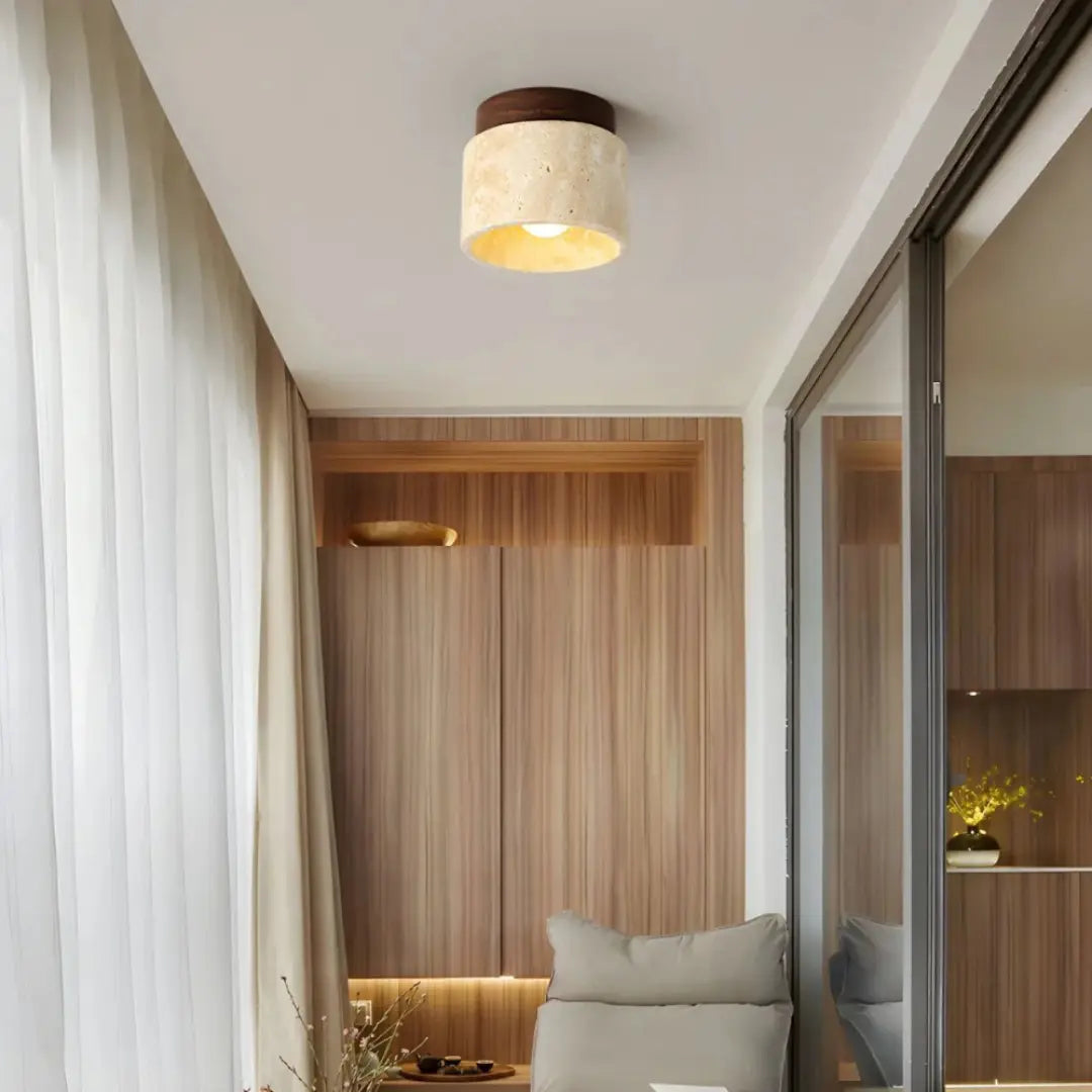 Elegant Travertine Ceiling Light Fixture with Wooden Accent – Japanese...