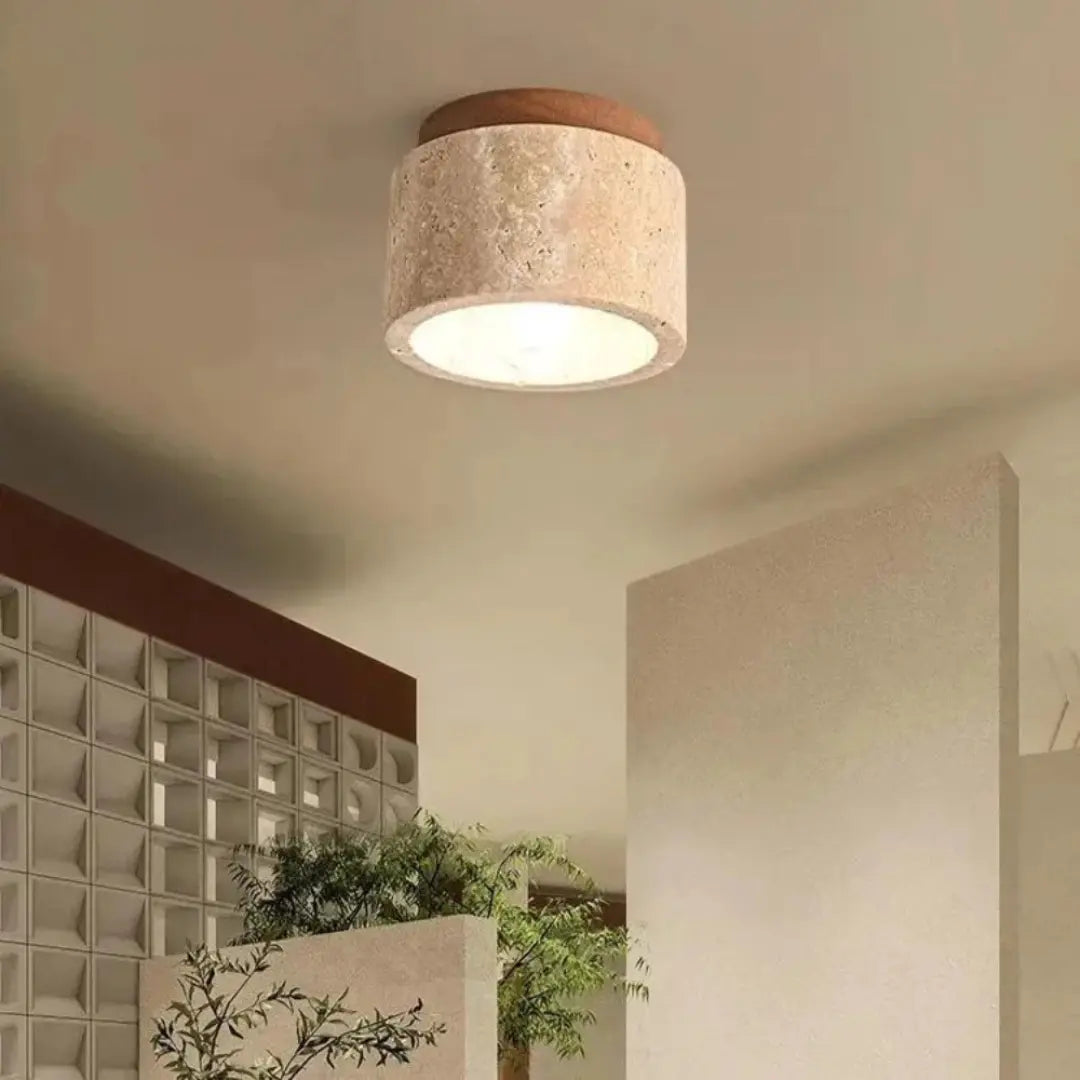 Elegant Travertine Ceiling Light Fixture with Wooden Accent – Japanese...