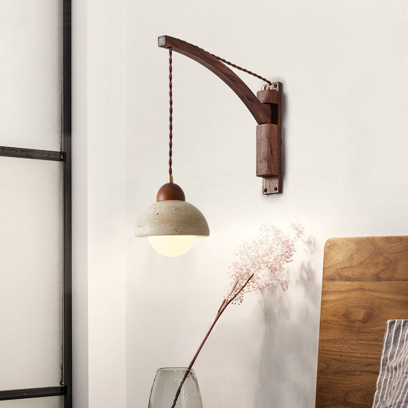 Japanese Wabi-Sabi Wood Glass Dome Wall Sconce Lamp 1-Light