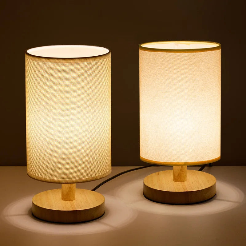 Scandinavian Wood Linen Shade Table Lamp 1-Light