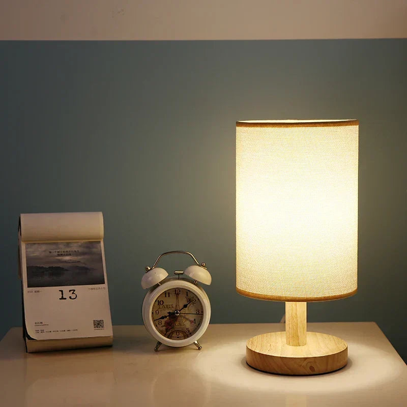 Scandinavian Wood Linen Shade Table Lamp 1-Light