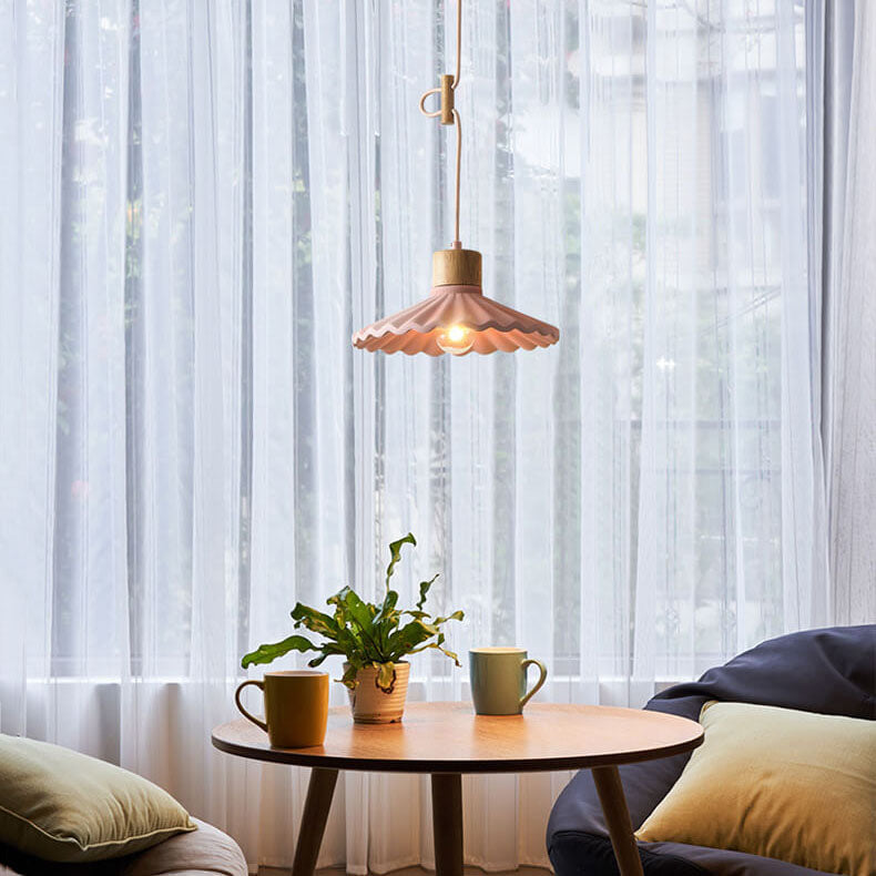 Contemporary Wood and Cement Scalloped Pendant Light | 1-Light
