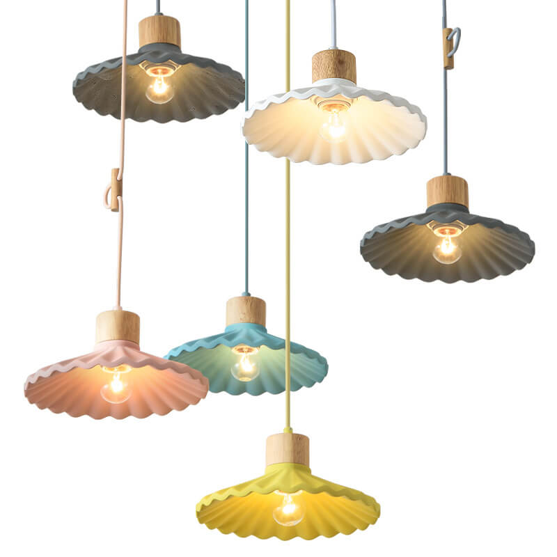 Contemporary Wood and Cement Scalloped Pendant Light | 1-Light