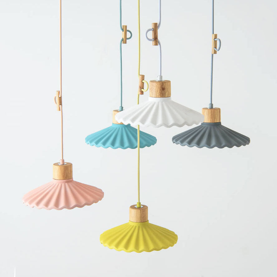 Contemporary Wood and Cement Scalloped Pendant Light | 1-Light