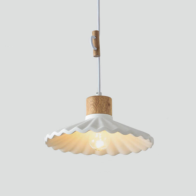 Contemporary Wood and Cement Scalloped Pendant Light | 1-Light