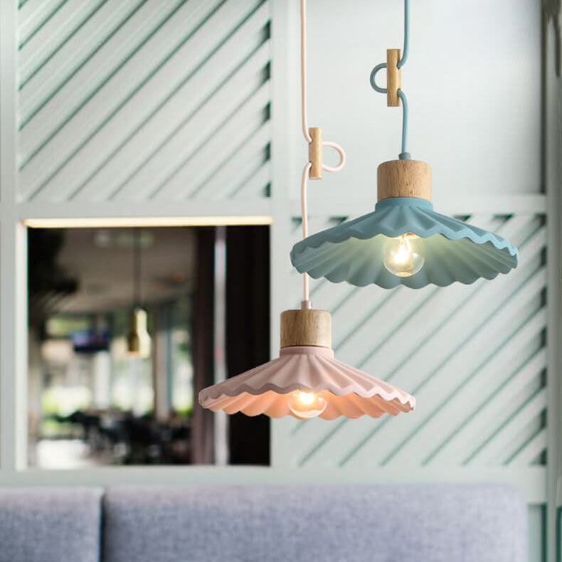 Contemporary Wood and Cement Scalloped Pendant Light | 1-Light