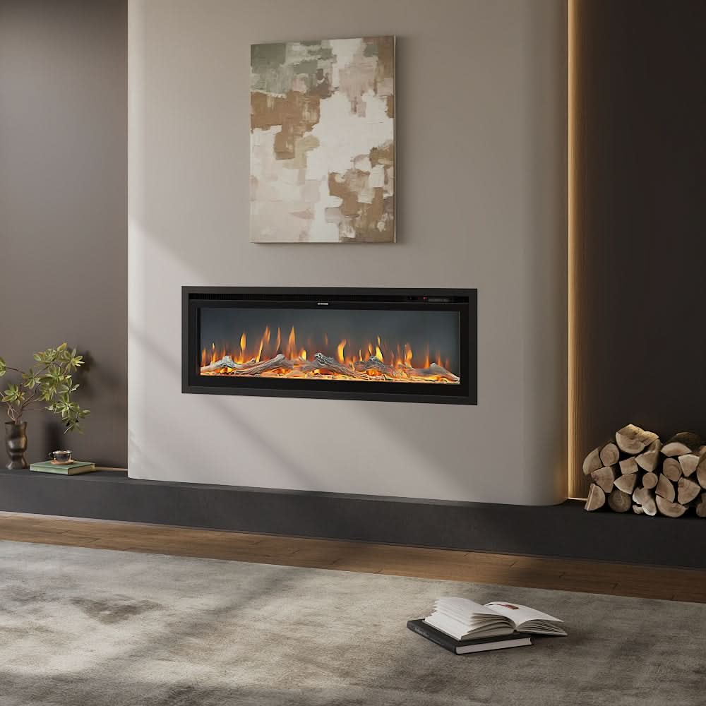 Slim Wall Mounted Electric Fireplace 40/50/60 Inch – 12 Flame Colours, Thermostat & Remote Control
