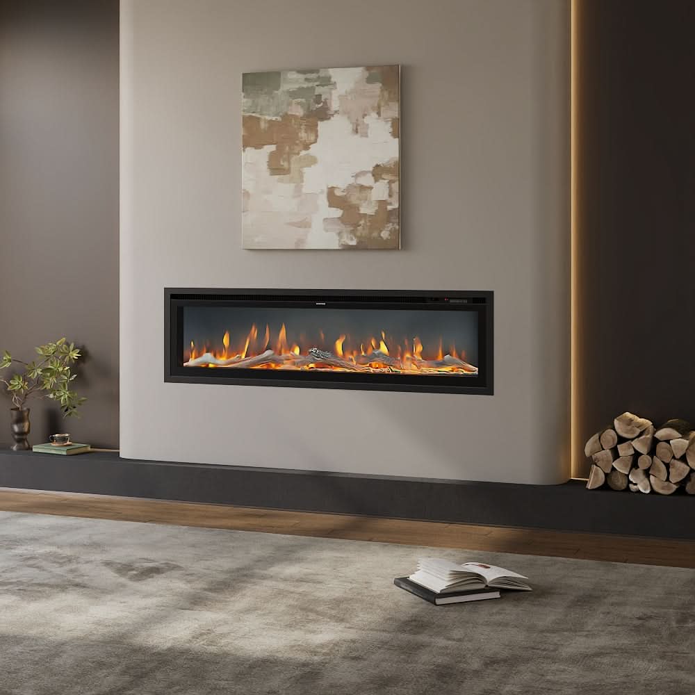 Slim Wall Mounted Electric Fireplace 40/50/60 Inch – 12 Flame Colours, Thermostat & Remote Control