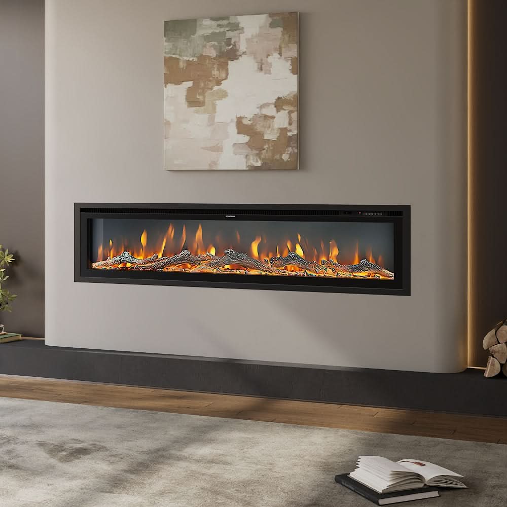 Slim Wall Mounted Electric Fireplace 40/50/60 Inch – 12 Flame Colours, Thermostat & Remote Control