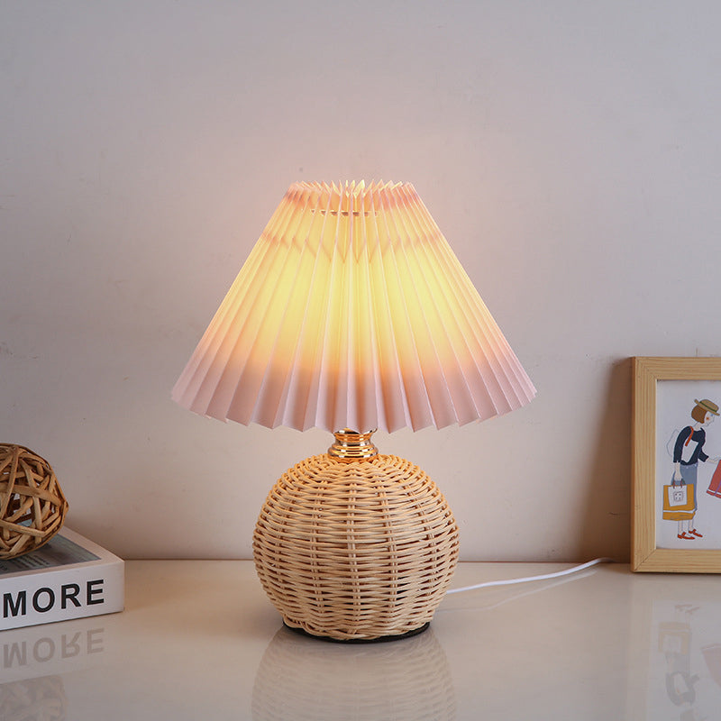 Scandinavian Rattan Pleated Fabric Conic LED Table Lamp 1-Light
