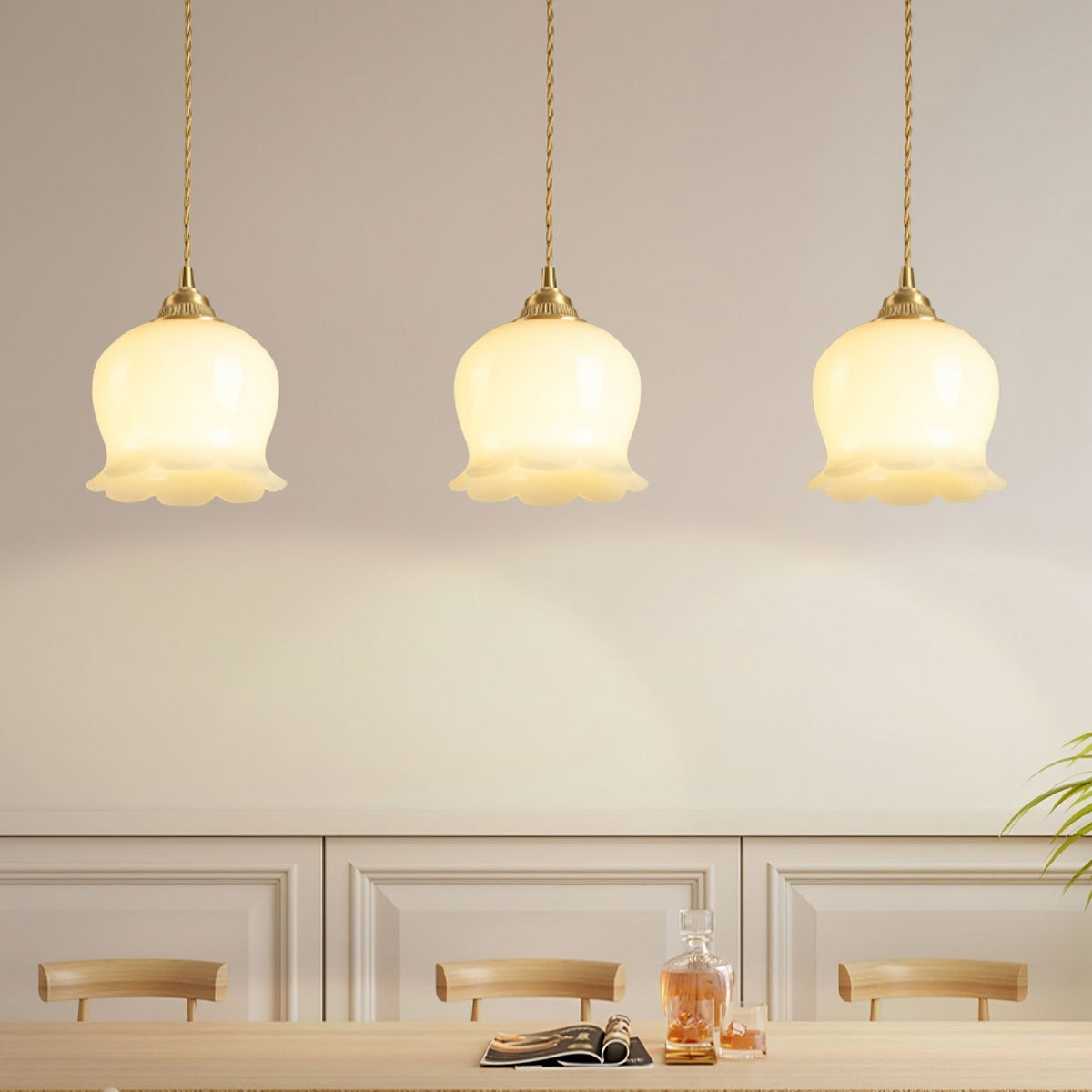 Vintage Brass Petal Glass Pendant Light 1-Light