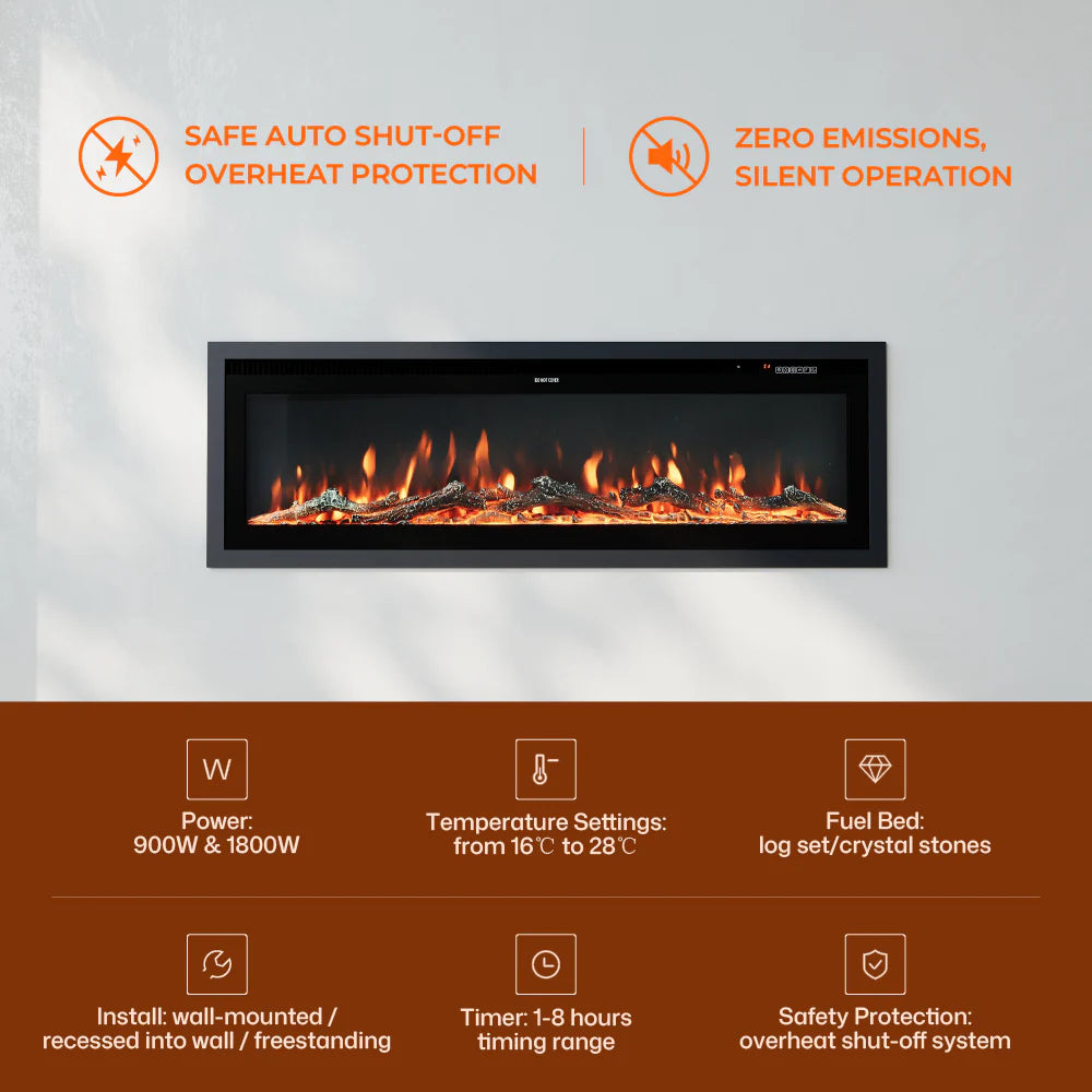Slim Wall Mounted Electric Fireplace 40/50/60 Inch – 12 Flame Colours, Thermostat & Remote Control