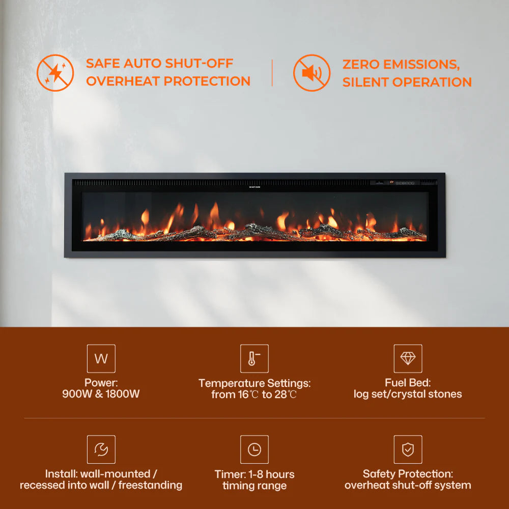 Slim Wall Mounted Electric Fireplace 40/50/60 Inch – 12 Flame Colours, Thermostat & Remote Control