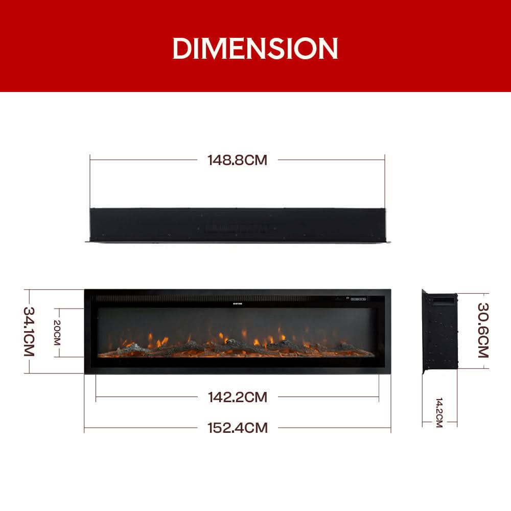 Slim Wall Mounted Electric Fireplace 40/50/60 Inch – 12 Flame Colours, Thermostat & Remote Control
