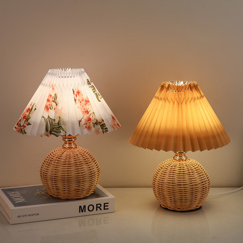 Scandinavian Rattan Pleated Fabric Conic LED Table Lamp 1-Light