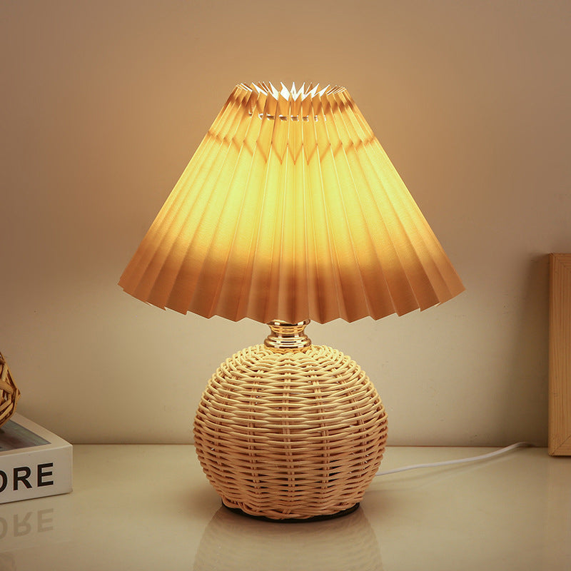 Scandinavian Rattan Pleated Fabric Conic LED Table Lamp 1-Light