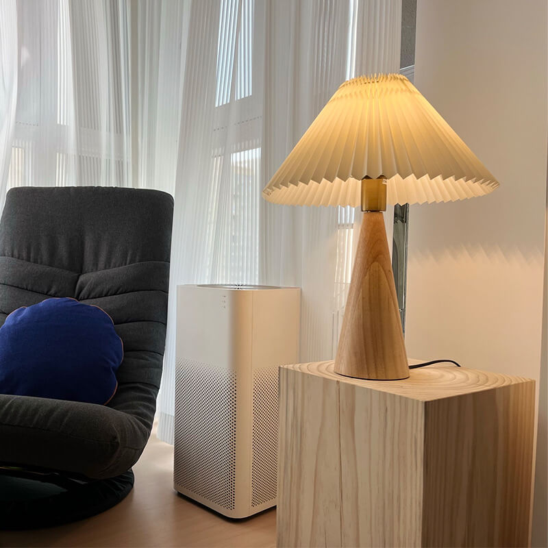 Japandi-Style Minimalist Wooden Pleated Fabric LED Table Lamp 1-Light