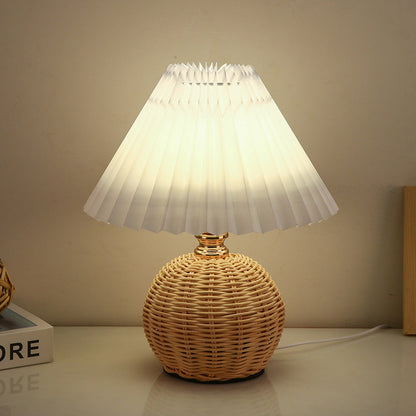 Scandinavian Rattan Pleated Fabric Conic LED Table Lamp 1-Light