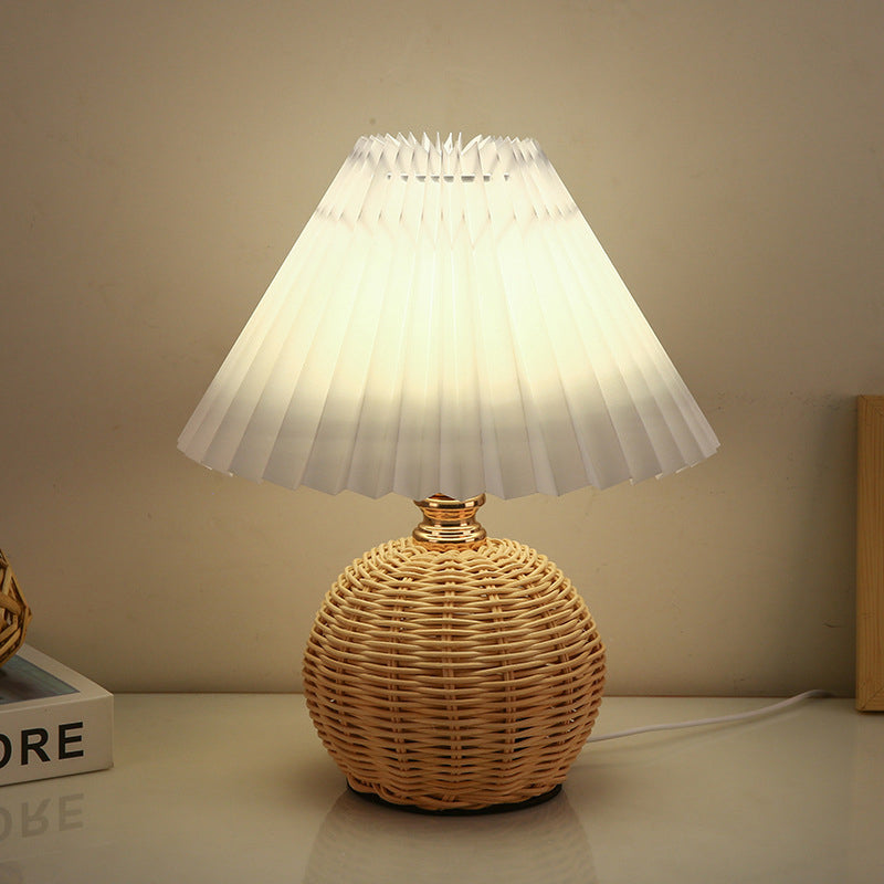 Scandinavian Rattan Pleated Fabric Conic LED Table Lamp 1-Light