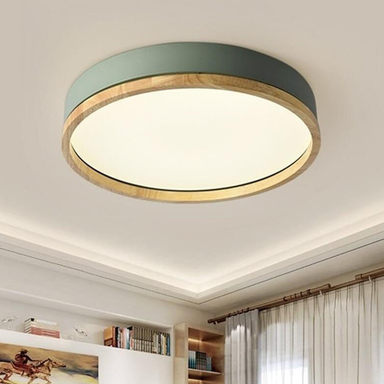 Scandinavian Wood Round LED Flush Ceiling Light | 1-Light