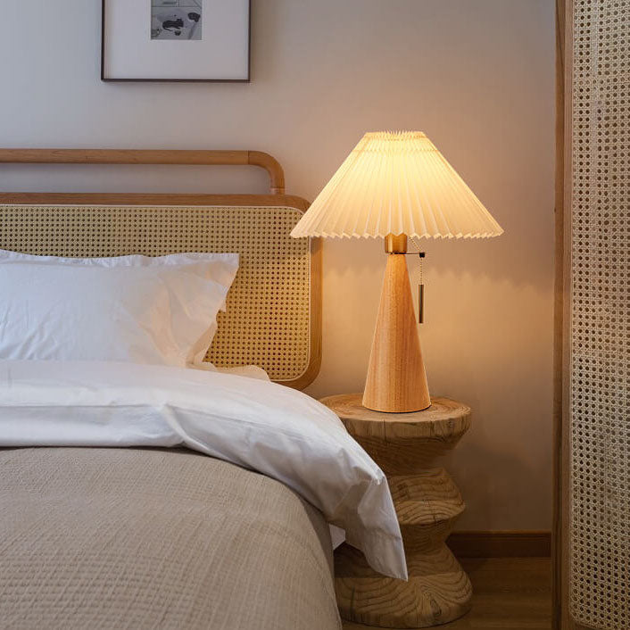 Japandi-Style Minimalist Wooden Pleated Fabric LED Table Lamp 1-Light