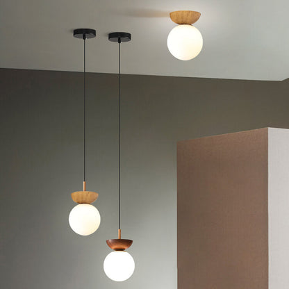 Scandinavian Wood Glass Globe 1-Light Ceiling Light