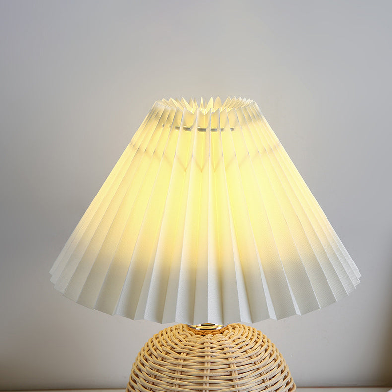 Scandinavian Rattan Pleated Fabric Conic LED Table Lamp 1-Light