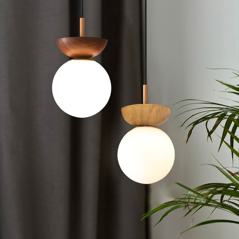Scandinavian Wood Glass Globe 1-Light Ceiling Light