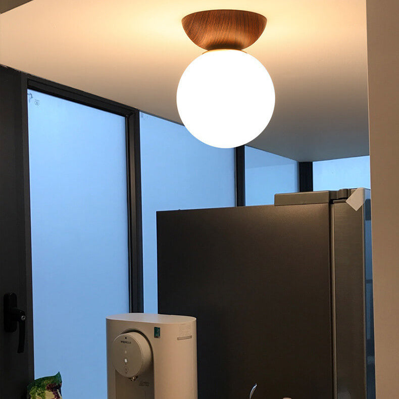 Scandinavian Wood Glass Globe 1-Light Ceiling Light