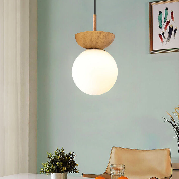 Scandinavian Wood Glass Globe 1-Light Ceiling Light