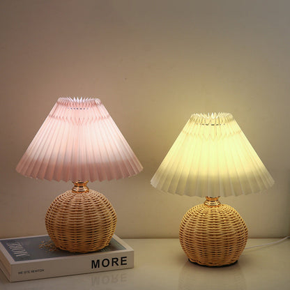 Scandinavian Rattan Pleated Fabric Conic LED Table Lamp 1-Light